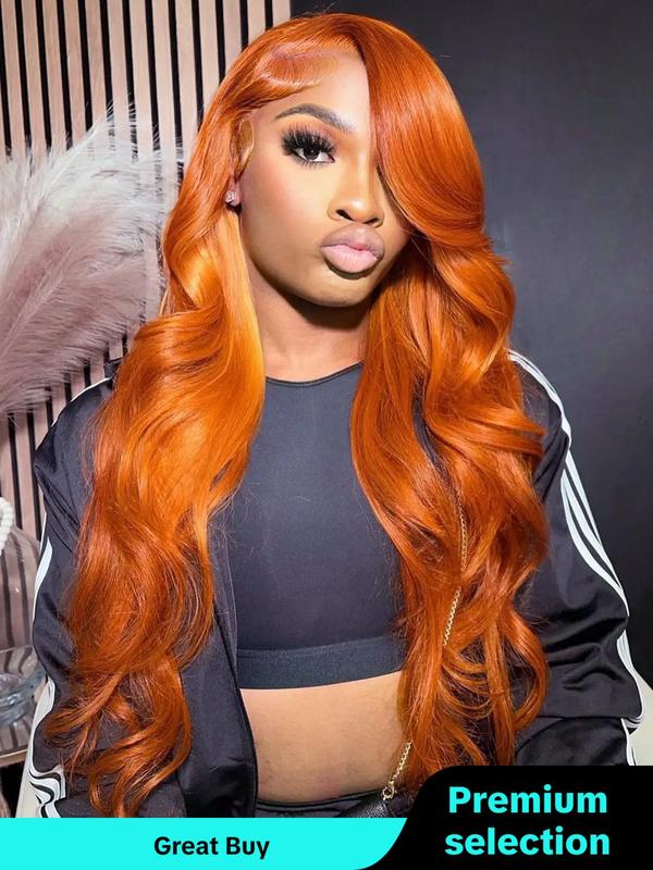 24 Inch Orange Long Wavy Lace Front Pre Plucked Wigs for Women, Gorgeous Fluffy Wigs without Bangs, Synthetic Wigs with Baby Hair for Party, Daily Use Glueless