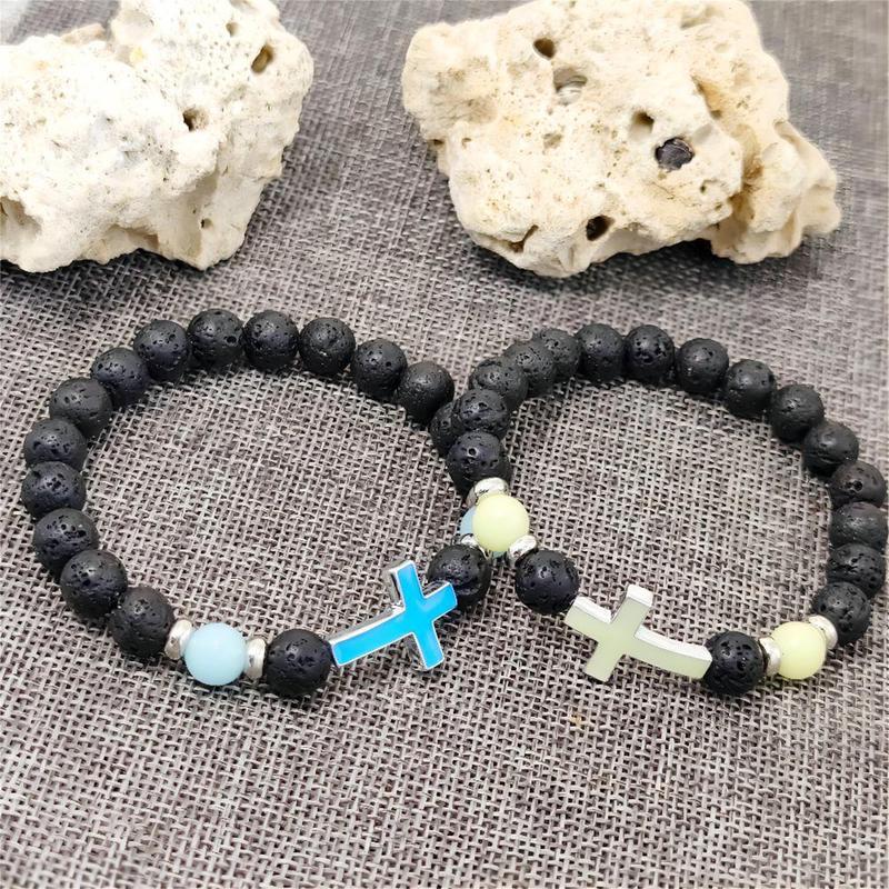 Men's glow in the dark cross bracelet, vintage volcanic stone elastic beaded bracelet for men and women