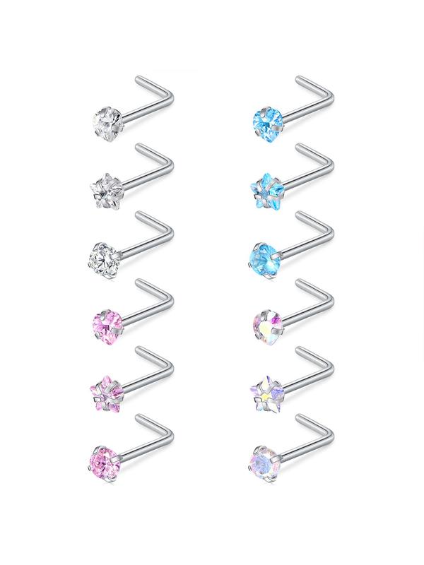 12pcs set Rhinestone Decor Nose Studs, Stainless Steel Nose Rings, Fashion Body Jewelry for Women & Men