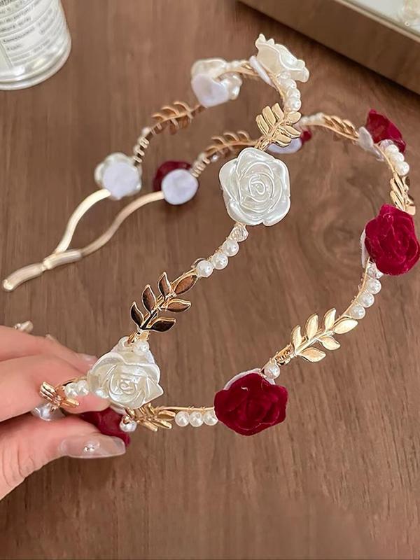 Women's Elegant Faux Pearl Decorated Hair Hoop (2pcs), Exquisite Trendy Flower & Leaf Design Hair Hoop, Fashionable Hair Accessories for Women & Girls