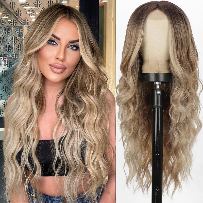 Ombre Blonde Wig for Women 26 Inches Long  Wavy Blonde Middle Part Wigs with Dark Root Synthetic Heat Resistant Wig for Daily Party