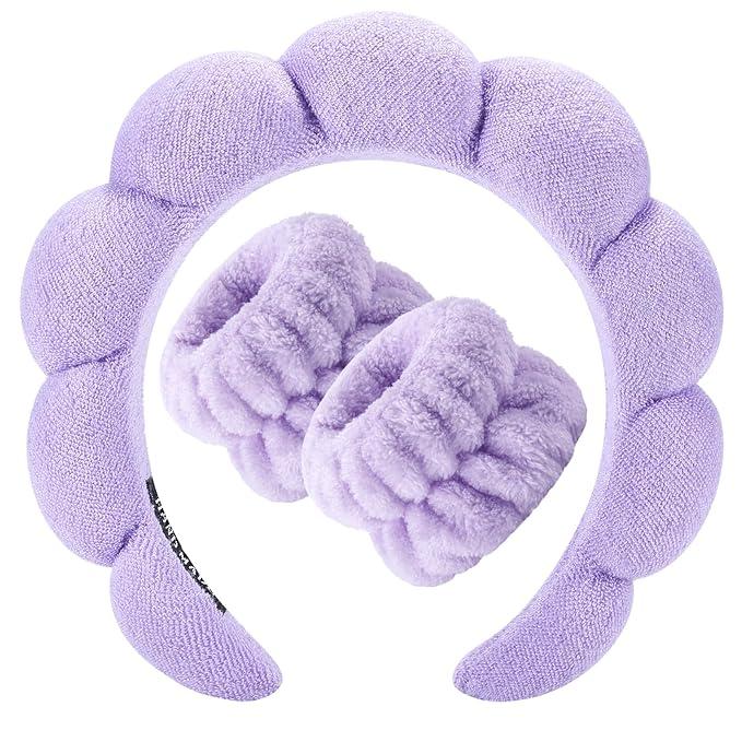 Spa Headband for Washing Face Wristband Sponge Makeup Skincare Headband Terry Cloth Bubble Soft Get Ready Hairband for Women Girl Puffy Padded Headwear Non Slip Thick Hair Accessory