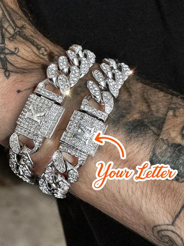 Rhinestone Decorated Cuban Link Necklace & Bracelet (2pcs set), Hip Hop Fashion Jewelry for Party, Daily Clothing Decor for Men & Women, Trendy All-match & Exquisite Jewelry for Birthday Gift