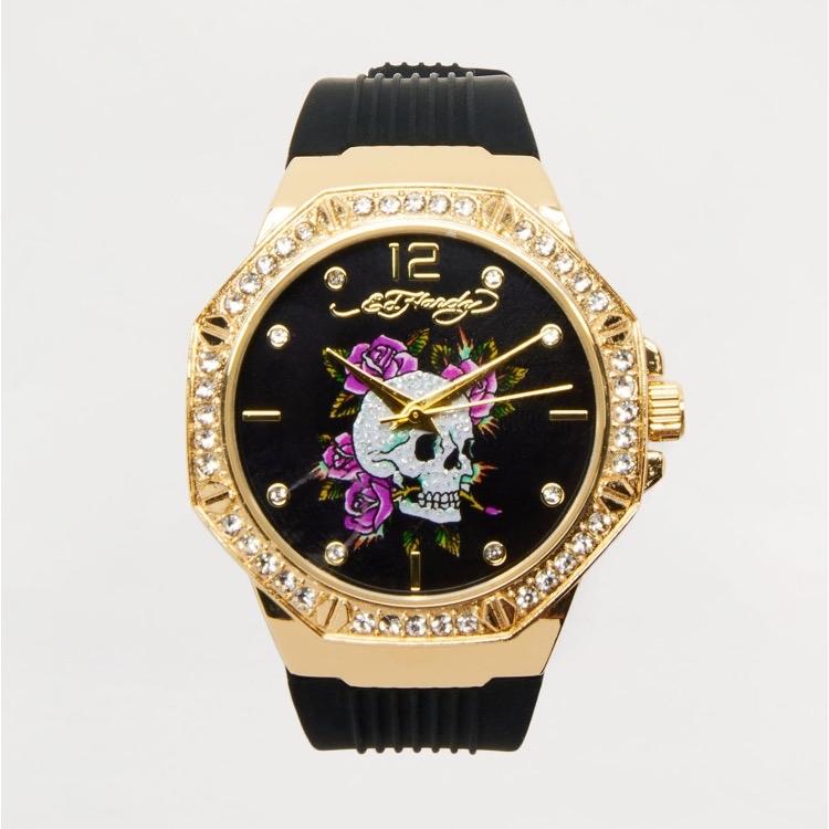 ED HARDY SKULL AND ROSES RHINESTONE WATCH