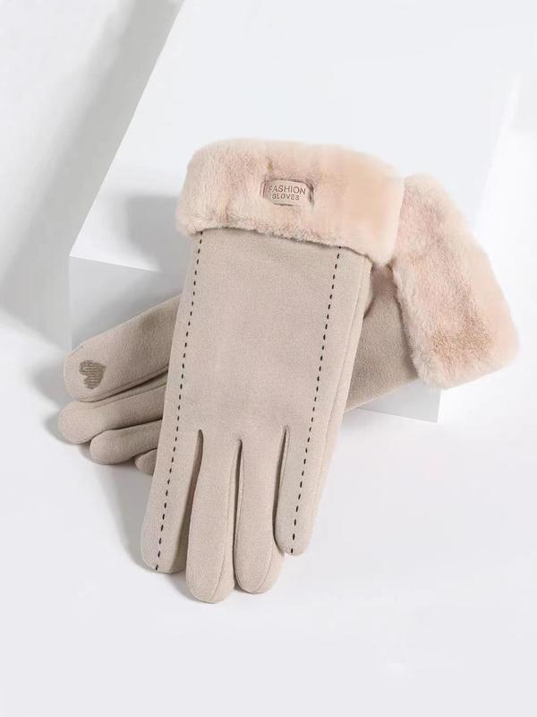 Women's Solid Color Letter Patched Design Gloves, Elegant Fashion Warm Gloves for Fall & Winter, Windproof Gloves for Outdoor Cycling