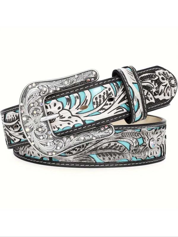 Boho Style Leaf Embossed Western Belt, 2024 New Style Fashionable Adjustable Pu Buckle Belt for Women, Casual Cowgirl Waistband for Jeans Trousers