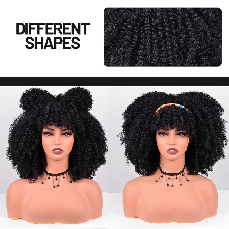 Afro Curly Wig with Bangs for Black Women 12 Inches Synthetic Afro Wigs for Daily Party Use about 280g Piece Soft and Bouncy Full Machine Made Heat Resistant Wigs Black Short Kinky Curly Wigs Role Playing, Disco and Halloween Parties