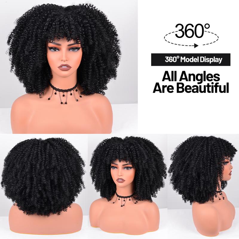 Afro Curly Wig with Bangs for Black Women 12 Inches Synthetic Afro Wigs for Daily Party Use about 280g Piece Soft and Bouncy Full Machine Made Heat Resistant Wigs Black Short Kinky Curly Wigs Role Playing, Disco and Halloween Parties