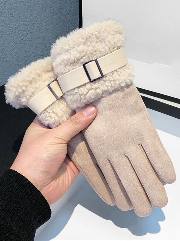 Women's Solid Color Belted Design Faux Fur Lined Gloves, Casual Trendy Warm Full Finger Gloves for Outdoor Cycling, Fashionable Gloves for Fall & Winter