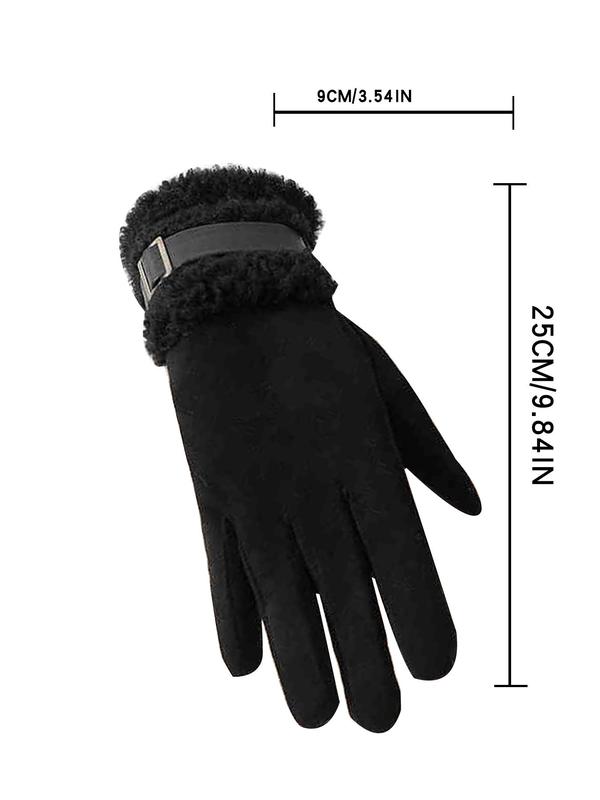 Women's Solid Color Belted Design Faux Fur Lined Gloves, Casual Trendy Warm Full Finger Gloves for Outdoor Cycling, Fashionable Gloves for Fall & Winter