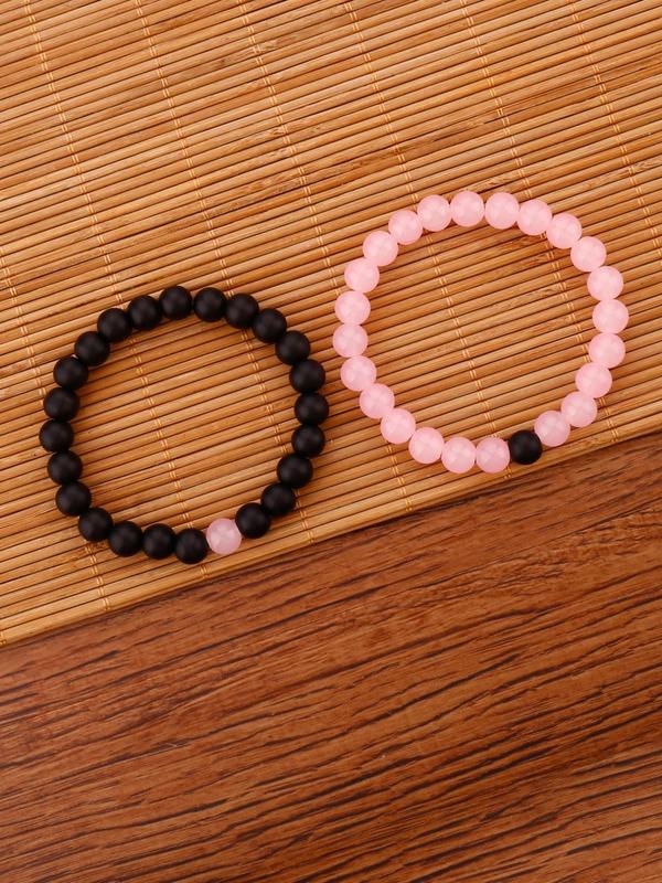 2pcs set Fashion Colorblock Beaded Bracelet, Casual Simple Glass Beaded Bracelet for Women & Men, Fashion Accessories