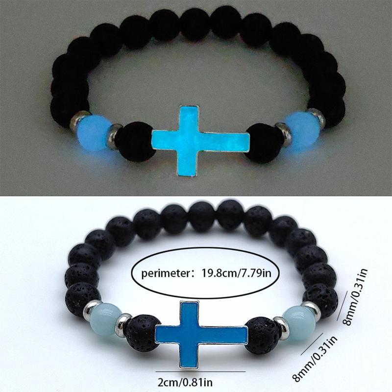 Men's glow in the dark cross bracelet, vintage volcanic stone elastic beaded bracelet for men and women