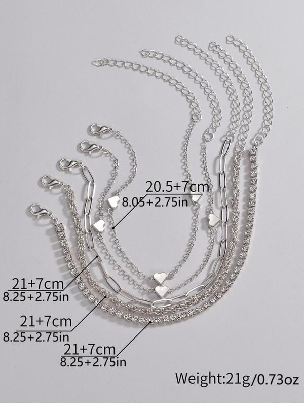 Women's Elegant Rhinestone Heart Decor Anklet (5counts set), Fashionable Twist Alloy Jewelry for Beach Party & Vacation, Birthday Gift