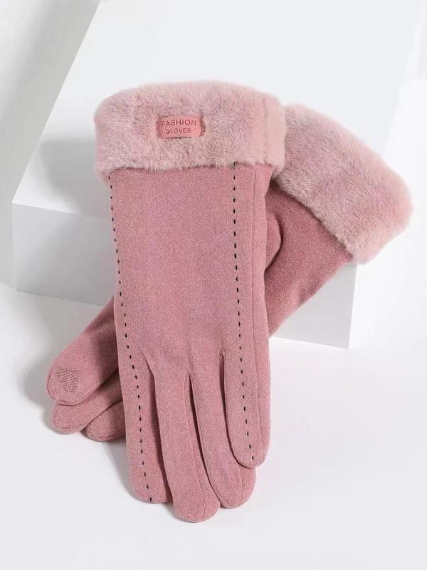 Women's Solid Color Letter Patched Design Gloves, Elegant Fashion Warm Gloves for Fall & Winter, Windproof Gloves for Outdoor Cycling