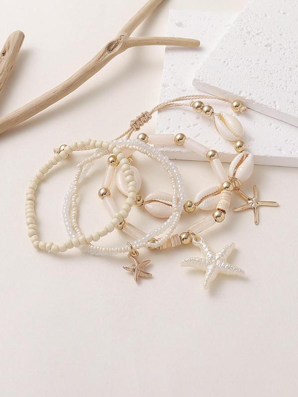 Boho Style Beaded Bracelets, 4 Counts set Shell & Starfish Design Bracelets for Women & Girls for Party, Daily Decor, Trendy All-match & Exquisite Jewelry for Birthday Gift