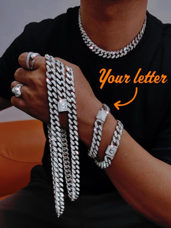 Rhinestone Decorated Cuban Link Necklace & Bracelet (2pcs set), Hip Hop Fashion Jewelry for Party, Daily Clothing Decor for Men & Women, Trendy All-match & Exquisite Jewelry for Birthday Gift