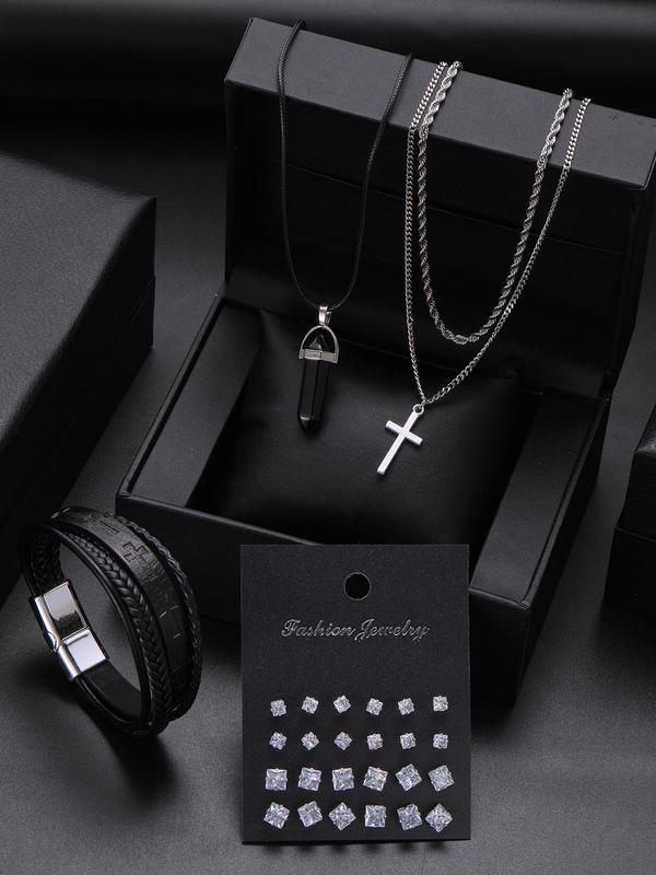 Men's Punk Style Rhinestone Decor Jewelry Set, 28pcs Fashion Cross Pendant Necklaces & Bracelet & Stud Earrings, Trendy All-match Hip Hop  Jewelry for Birthday Gift