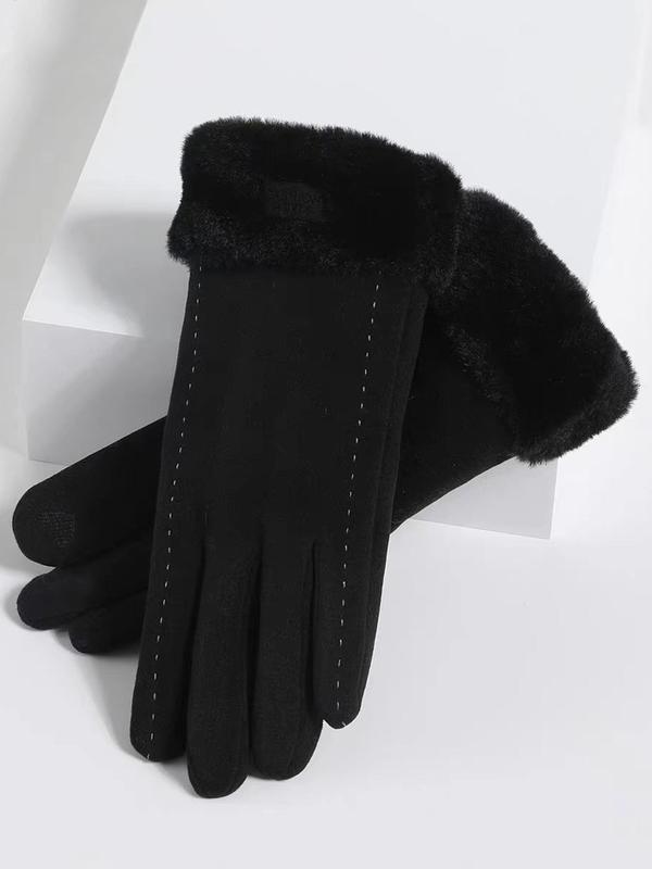 Women's Solid Color Letter Patched Design Gloves, Elegant Fashion Warm Gloves for Fall & Winter, Windproof Gloves for Outdoor Cycling