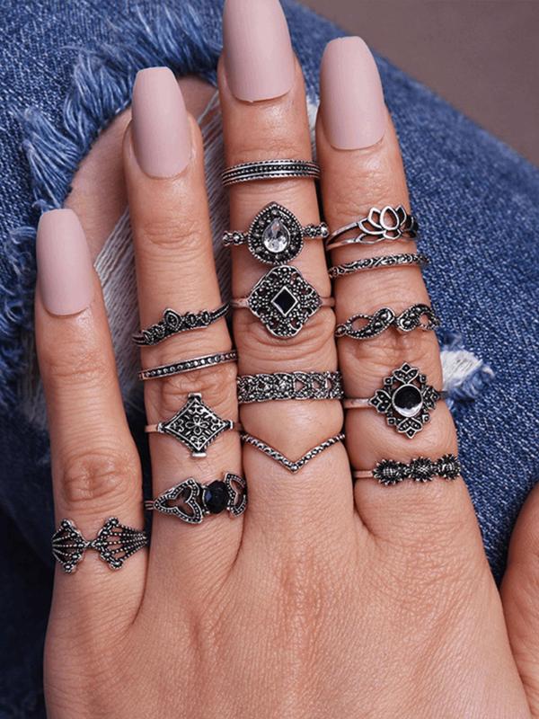 Boho Style Rhinestone Decorated Mixed Shaped Rings (15pcs), Fashion Accessories for Women & Men, Style Fashion Ring for Party, Daily Clothing Decor, Trendy Jewelry for Birthday Gift