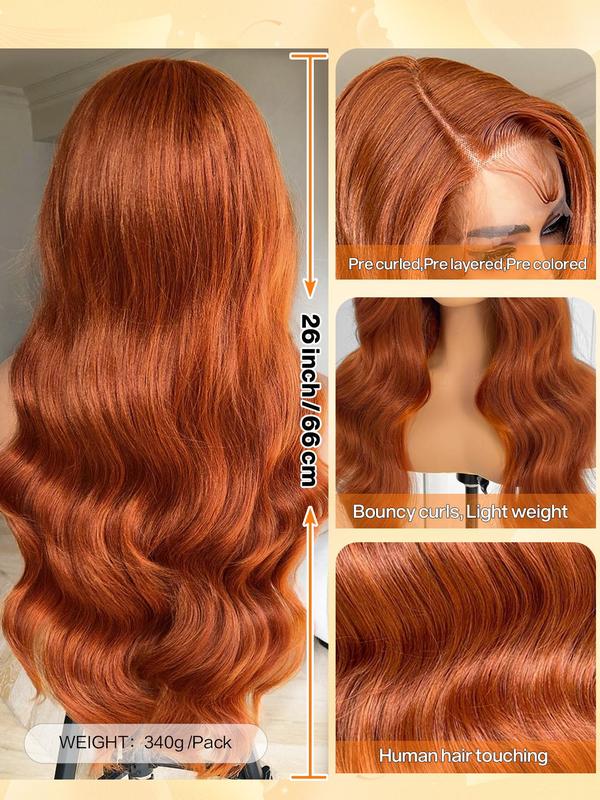 24 Inch Orange Long Wavy Lace Front Pre Plucked Wigs for Women, Gorgeous Fluffy Wigs without Bangs, Synthetic Wigs with Baby Hair for Party, Daily Use Glueless