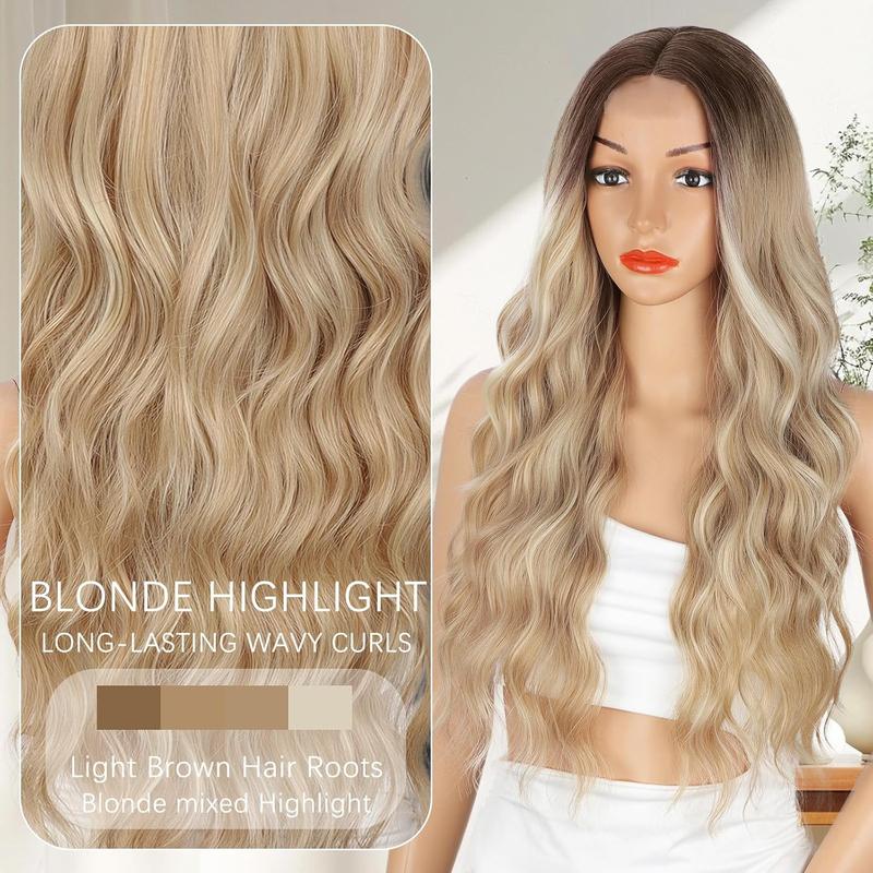 Ombre Blonde Wig for Women 26 Inches Long  Wavy Blonde Middle Part Wigs with Dark Root Synthetic Heat Resistant Wig for Daily Party