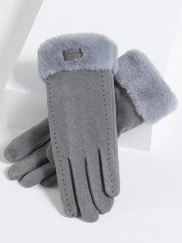 Women's Solid Color Letter Patched Design Gloves, Elegant Fashion Warm Gloves for Fall & Winter, Windproof Gloves for Outdoor Cycling