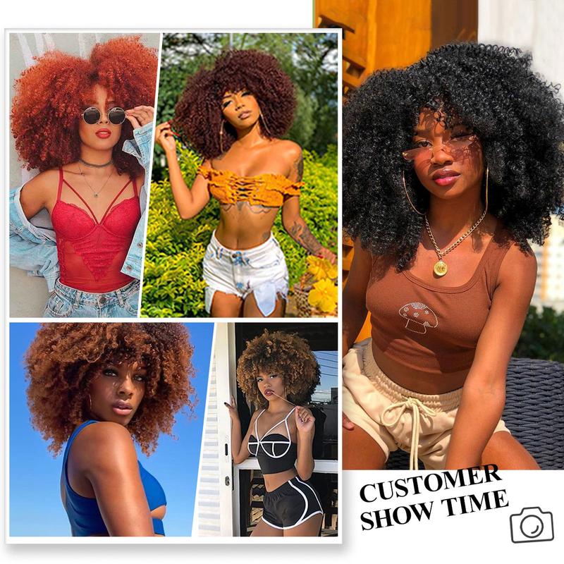 Afro Curly Wig with Bangs for Black Women 12 Inches Synthetic Afro Wigs for Daily Party Use about 280g Piece Soft and Bouncy Full Machine Made Heat Resistant Wigs Black Short Kinky Curly Wigs Role Playing, Disco and Halloween Parties