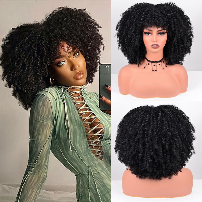 Afro Curly Wig with Bangs for Black Women 12 Inches Synthetic Afro Wigs for Daily Party Use about 280g Piece Soft and Bouncy Full Machine Made Heat Resistant Wigs Black Short Kinky Curly Wigs Role Playing, Disco and Halloween Parties