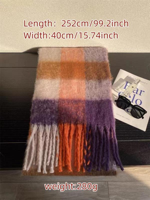 Women's Colorblock Print Tassel Decor Scarf, Casual Soft Warm Shawl for Fall & Winter, Fashion Accessories for Women & Girls