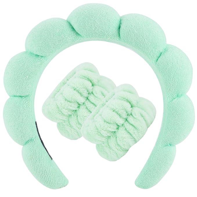 Spa Headband for Washing Face Wristband Sponge Makeup Skincare Headband Terry Cloth Bubble Soft Get Ready Hairband for Women Girl Puffy Padded Headwear Non Slip Thick Hair Accessory