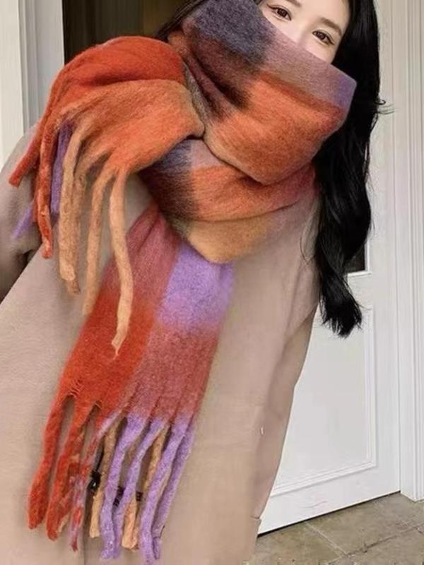 Women's Colorblock Print Tassel Decor Scarf, Casual Soft Warm Shawl for Fall & Winter, Fashion Accessories for Women & Girls