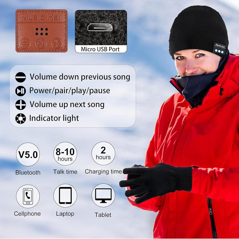 4 count Bluetooth Beanie Hat for Men Winter Wireless Music LED Light Hat with Gloves for Men Women Sports Gifts