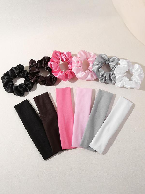 Solid Color Scrunchies & Hair Band Set, Casual Simple Hair Accessories for Women & Girls, Minimalist Headwear Suitable for Thick Hair