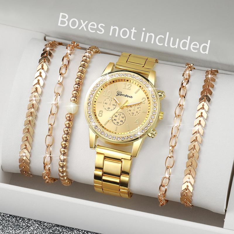 6PCs Set Women's Watch Fashion Three Eye Dial Stainless Steel Strap Simple Quartz Watch Set with Gold Bracelet