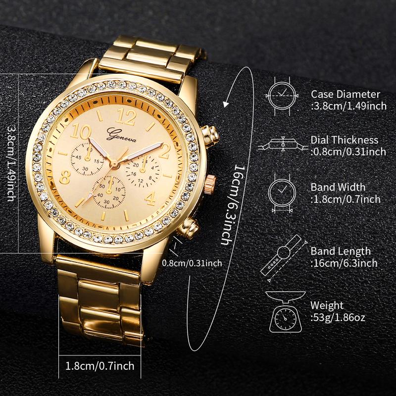 6PCs Set Women's Watch Fashion Three Eye Dial Stainless Steel Strap Simple Quartz Watch Set with Gold Bracelet