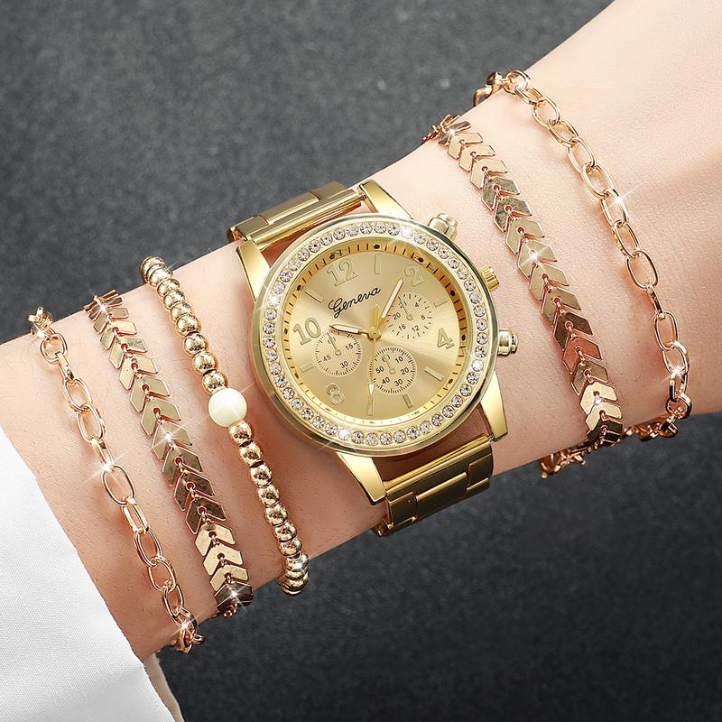 6PCs Set Women's Watch Fashion Three Eye Dial Stainless Steel Strap Simple Quartz Watch Set with Gold Bracelet