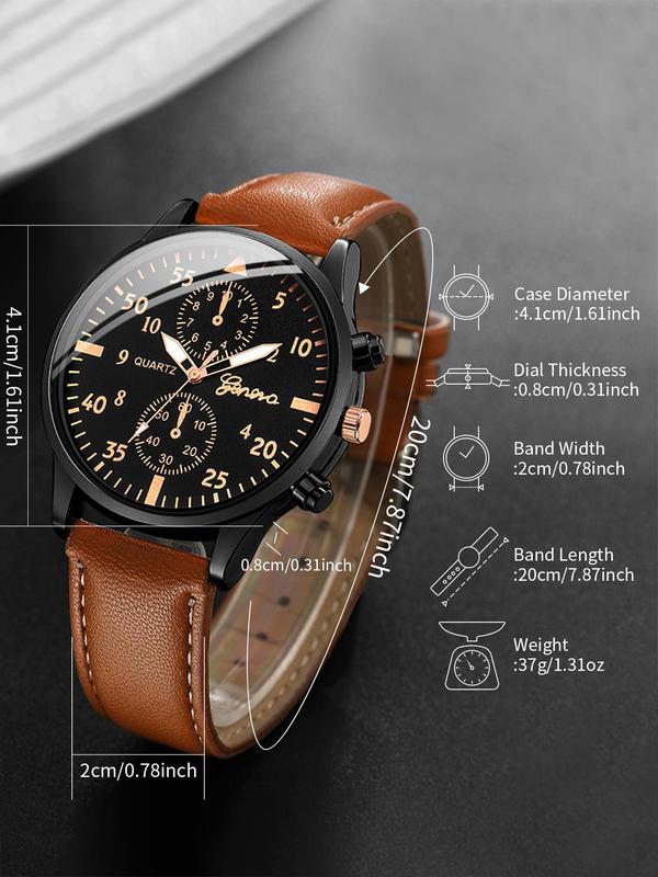 Men's Fashion Simple Pu Leather Strap Digital Pointer Quartz Watch, with Beaded & Braided Bracelet Set,  Trendy All-match & Exquisite Watch Set for Birthday Gift without Box