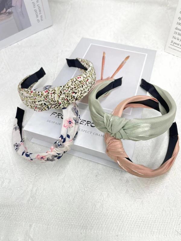 Ditsy Floral Pattern Knot Design Hair Hoop (4pcs), Cute Elegant Hair Accessories for Women & Girls, Minimalist Headwear Suitable for Thick Hair