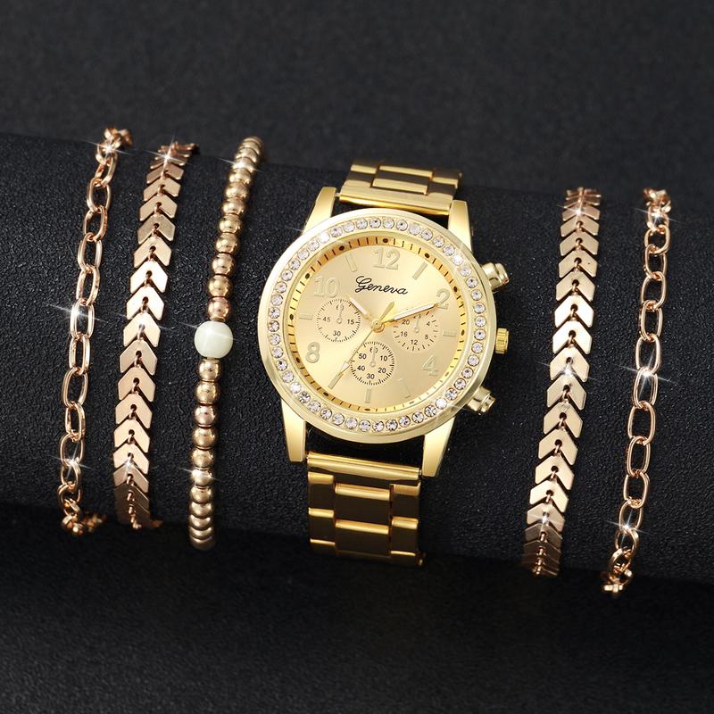 6PCs Set Women's Watch Fashion Three Eye Dial Stainless Steel Strap Simple Quartz Watch Set with Gold Bracelet