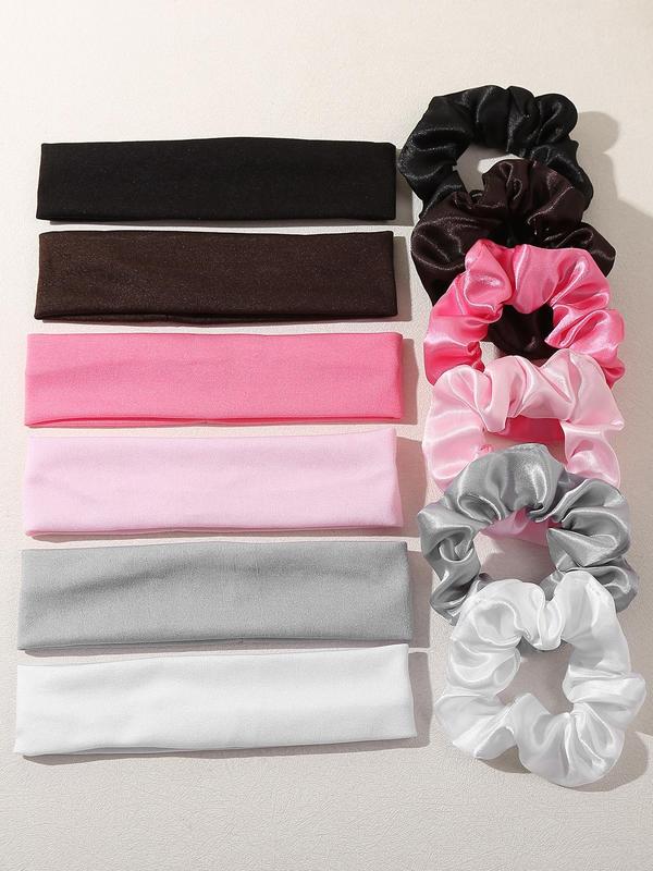 Solid Color Scrunchies & Hair Band Set, Casual Simple Hair Accessories for Women & Girls, Minimalist Headwear Suitable for Thick Hair