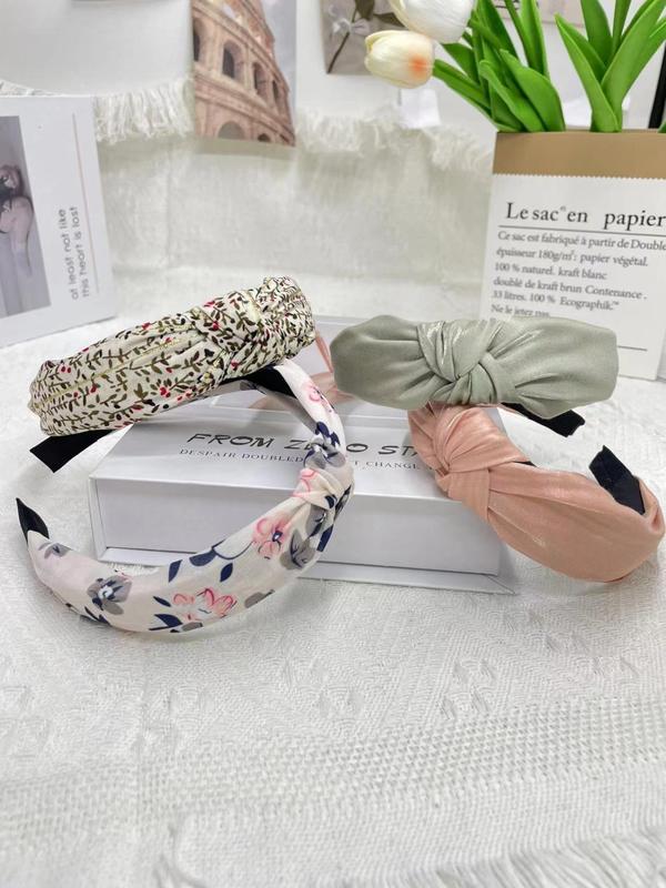 Ditsy Floral Pattern Knot Design Hair Hoop (4pcs), Cute Elegant Hair Accessories for Women & Girls, Minimalist Headwear Suitable for Thick Hair