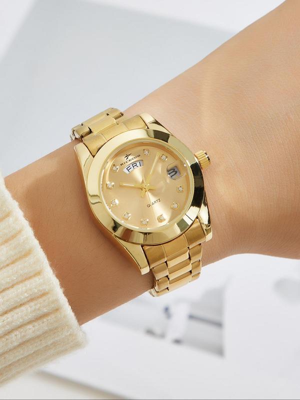 Women's Elegant Rhinestone Decorated Round Dial Quartz Watch, Business Watch for Women & Girls, Trendy All-match & Exquisite Watch for Birthday Gift with Box Gift, Fall Outfits, Fall Freshness, for Fall