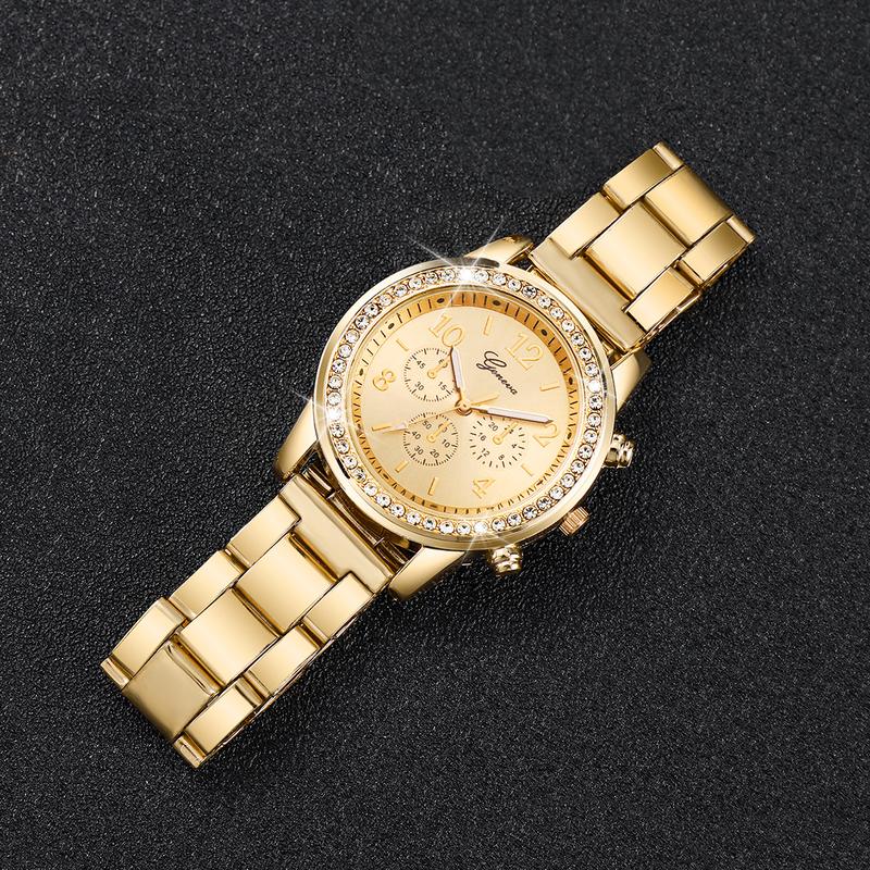 6PCs Set Women's Watch Fashion Three Eye Dial Stainless Steel Strap Simple Quartz Watch Set with Gold Bracelet