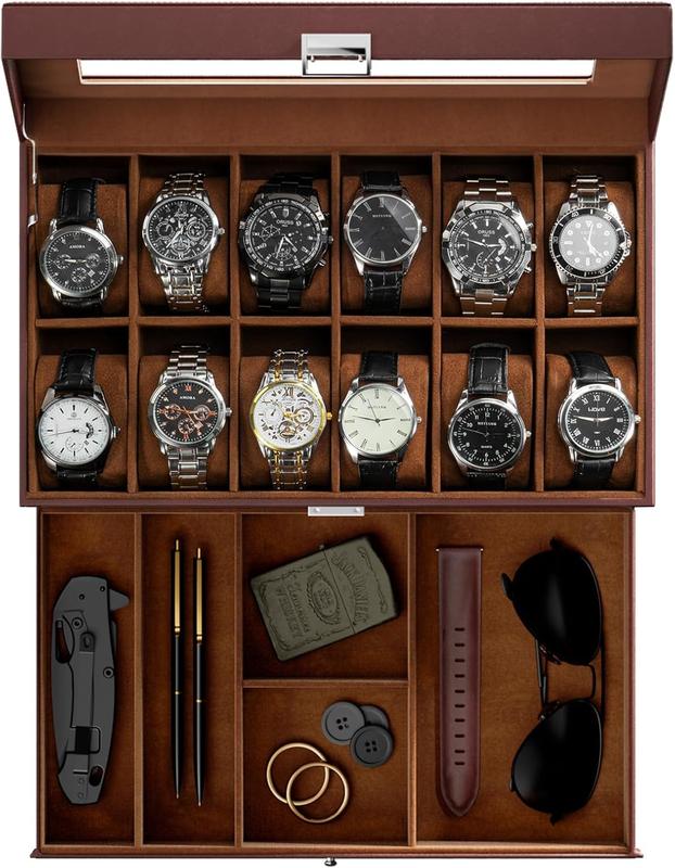 Watch Box for Men, 12 Slot Mens Watch Case With Drawer, Watch Display Case With Glass Lid, 2-Layer Watch Holder Organizer,  and Watch Storage for Men Women -12Slot, Espresso