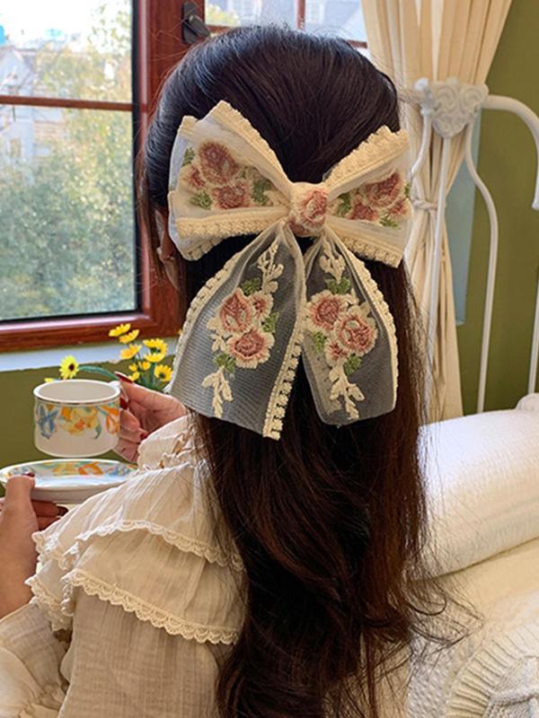 Vintage Thorn Rusty Flower Large Bow Hair Clip for Galentine's Party Style, Casual Elegant Tulle Streamer Headwear for Women