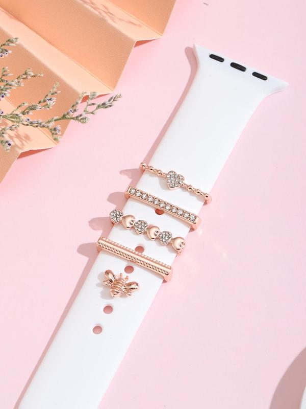 5pcs set Rhinestone Decorated Watch Band Ring, Heart & Bee Design Watch Strap Accessories, Watch Decoration Accessories