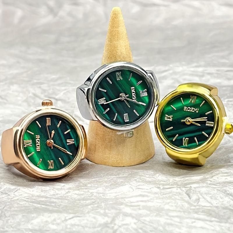 Women Men Finger Watches Golden Silvery Plated Watch Rings, Vintage Mini Quartz Green Dial Ring Watches For Men Women