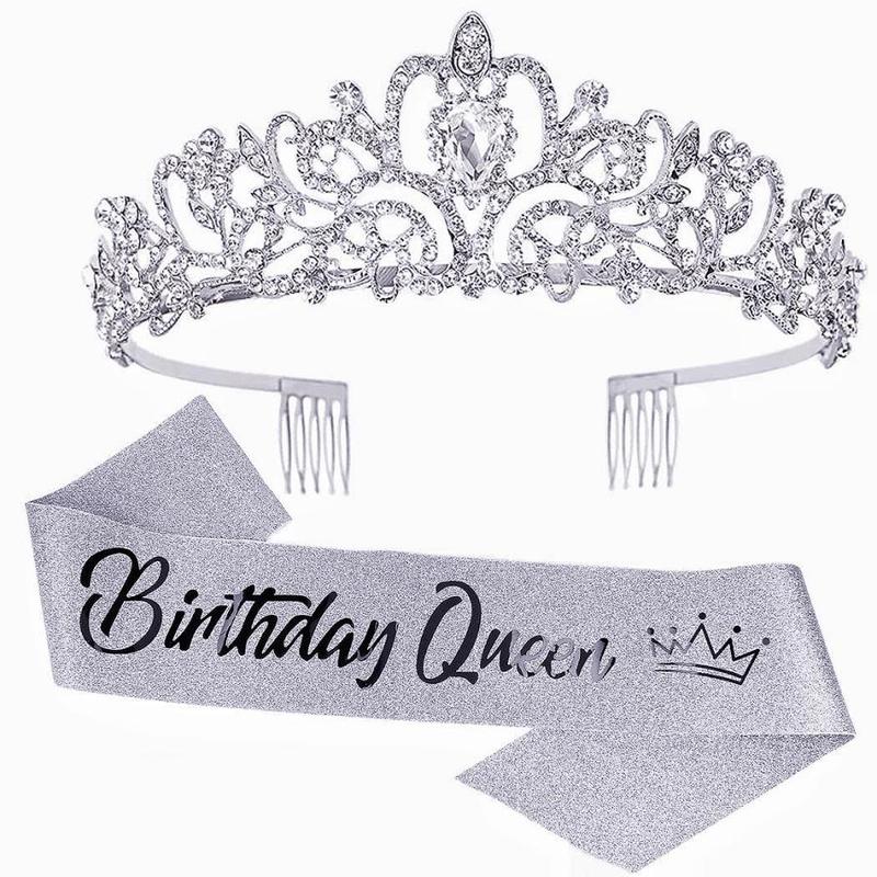 Birthday Queen Crown & Sash Set, 1 Set Rhinestone Tiara & Sash Set, Party Decorations for Birthday Party Dance Cosplay Graduation