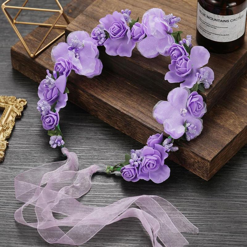 Flower Crown Headband Wreath Garland  Bands Floral Wedding Bridal  Hoop Women Leaf Ribbon Party Decoration Headdress Headwear Christmas Handmade Headpiece  Accessories 2 Pack Purple