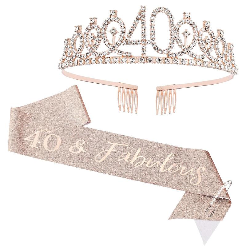 40th Birthday Crown + 40 & Fabulous Birthday Sash + Pearl Pin Set, Birthday Tiara, 40th Birthday Gifts for Women Friends, 40th Birthday Decorations for Women, 40th Happy Birthday Party Favor